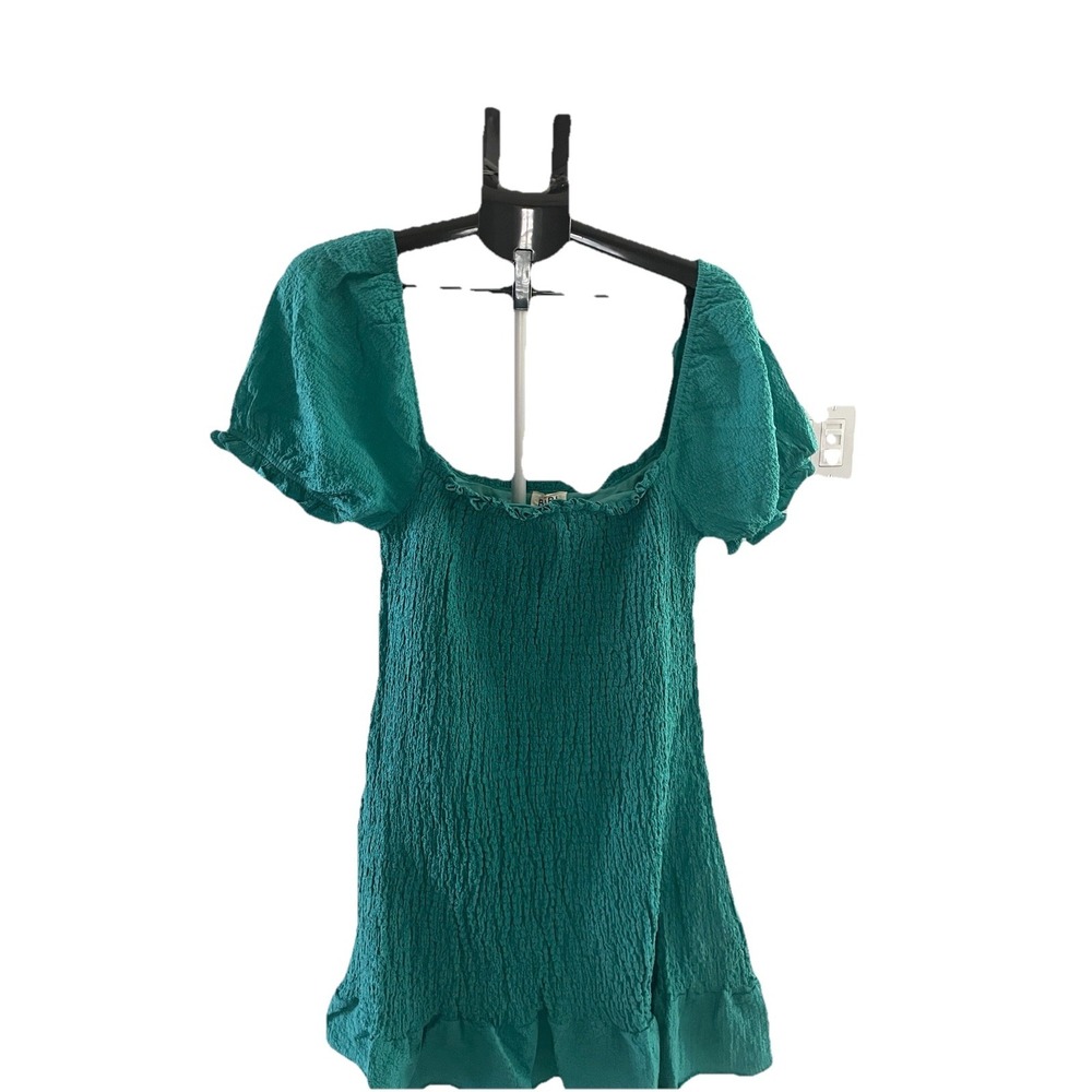 BiBi Womens Teal Smocked Puff Sleeve Peplum  XL Crinkle Square Neck Ruffle dress